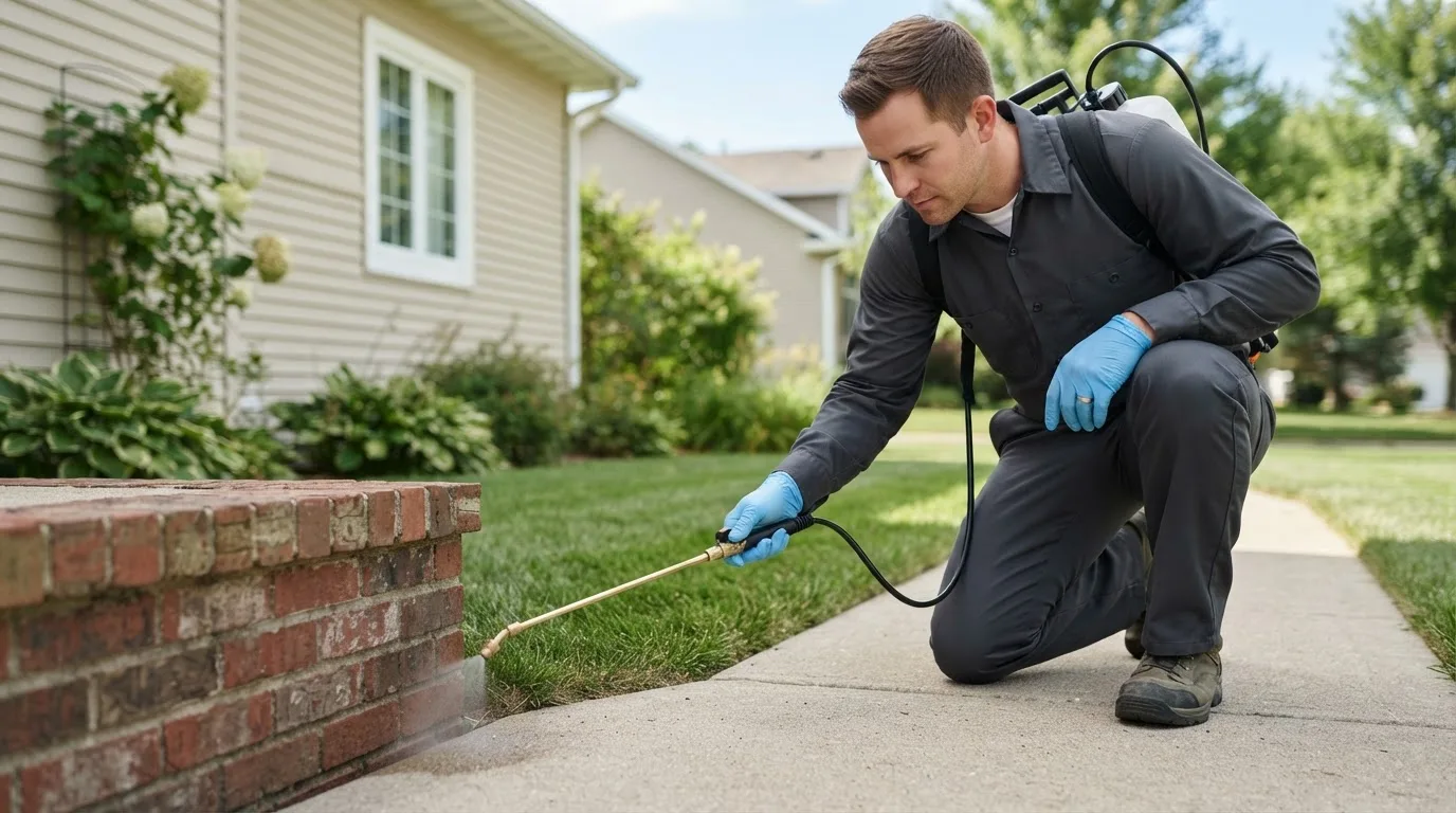 Pest control technician treating a home near Lawrenceville, VA